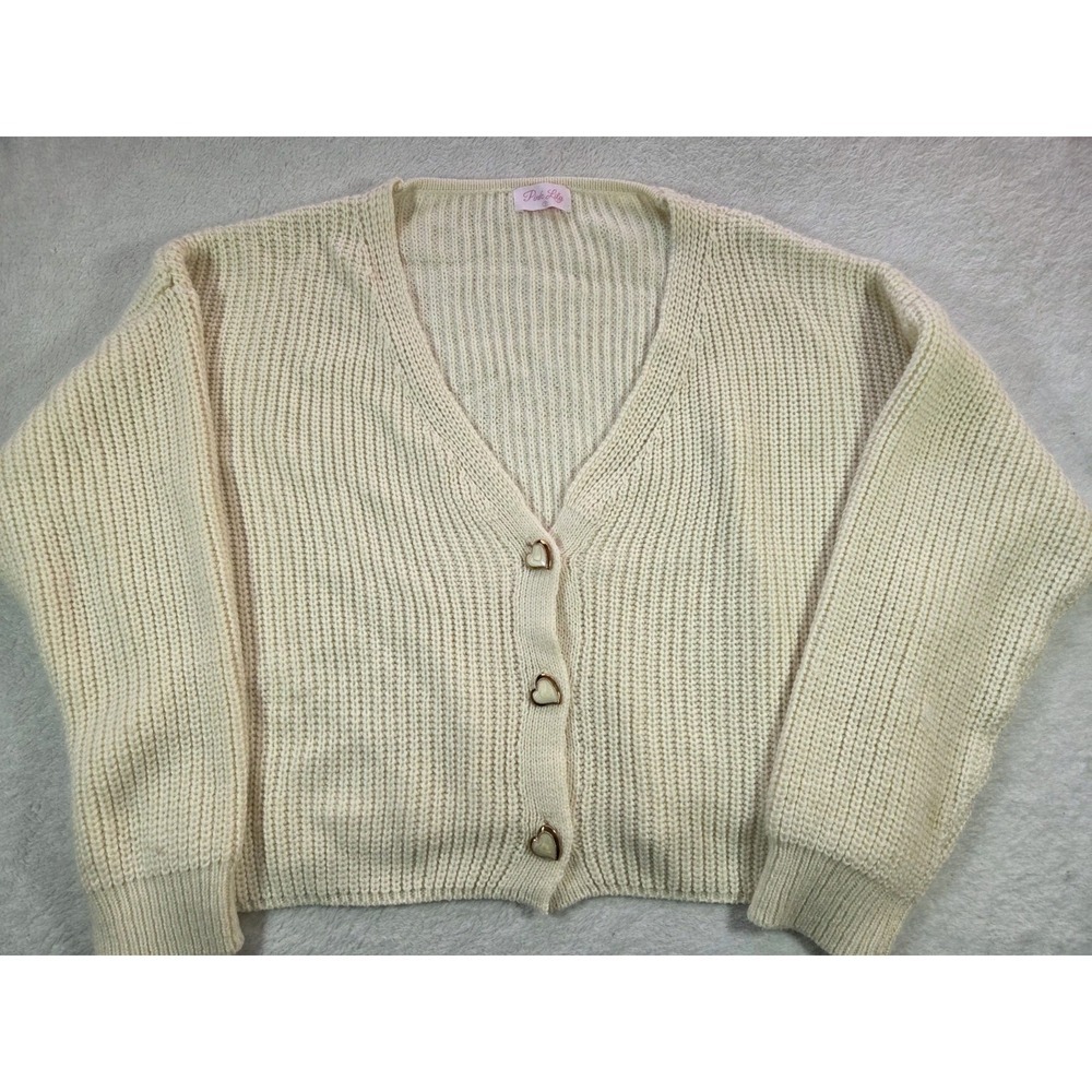 Pink Lily Cream Cropped Knit Cardigan Gold Heart Buttons Coquette Small